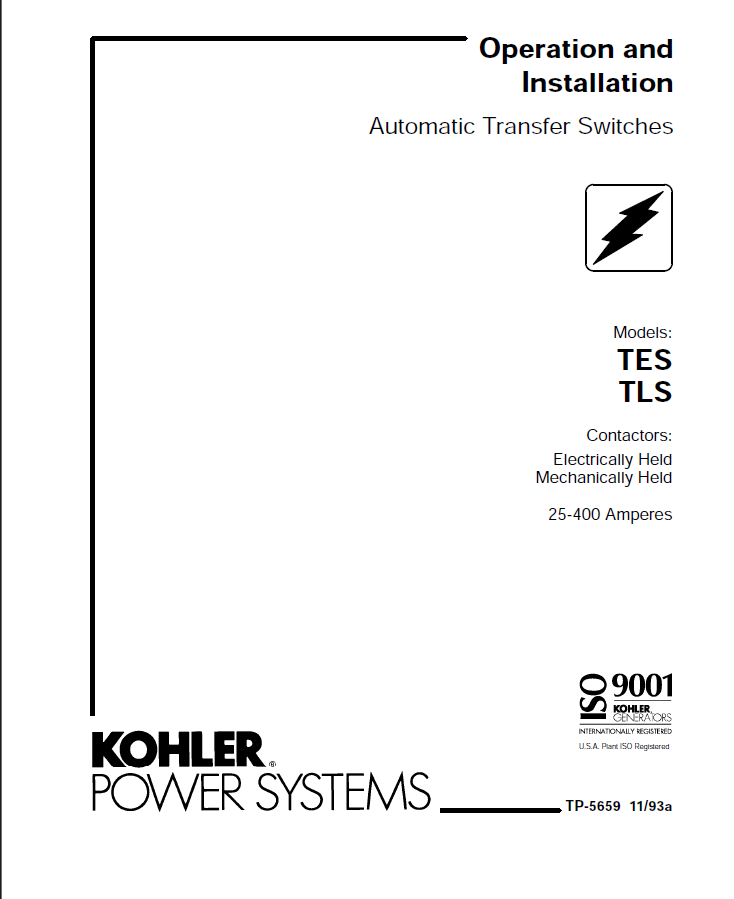 Kohler TES, TLS Automatic Transfer Switches Service and Parts Manual (tp5667)