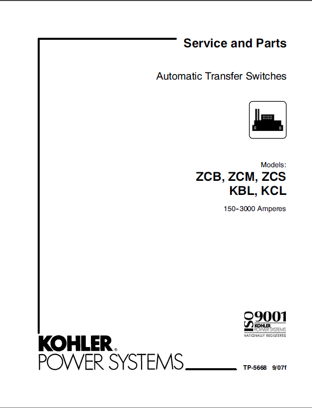 Kohler ZCB, ZCM, ZCS KBL, KCL Automatic Transfer Switches Service and Parts Manual (tp5668)