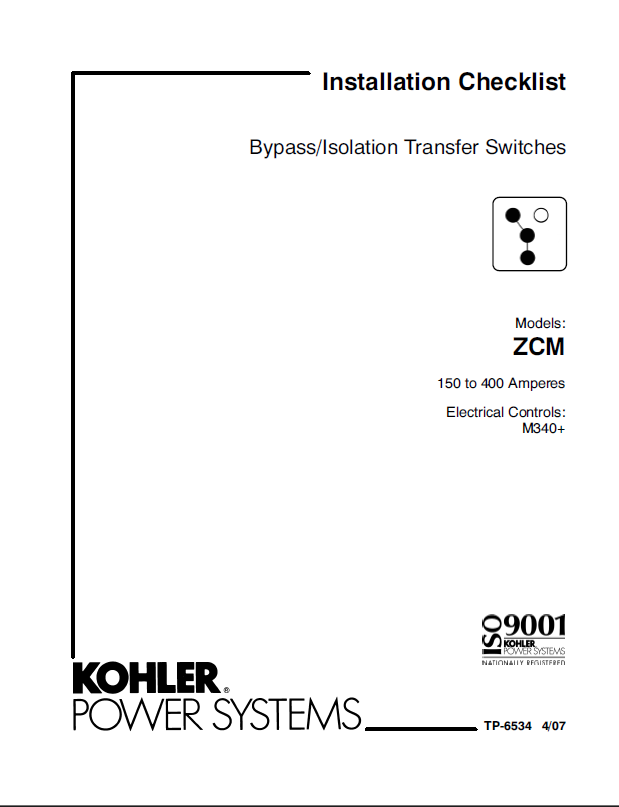 Kohler ZCM Bypass, Isolation Transfer Switches Installation Checklist (tp6534)