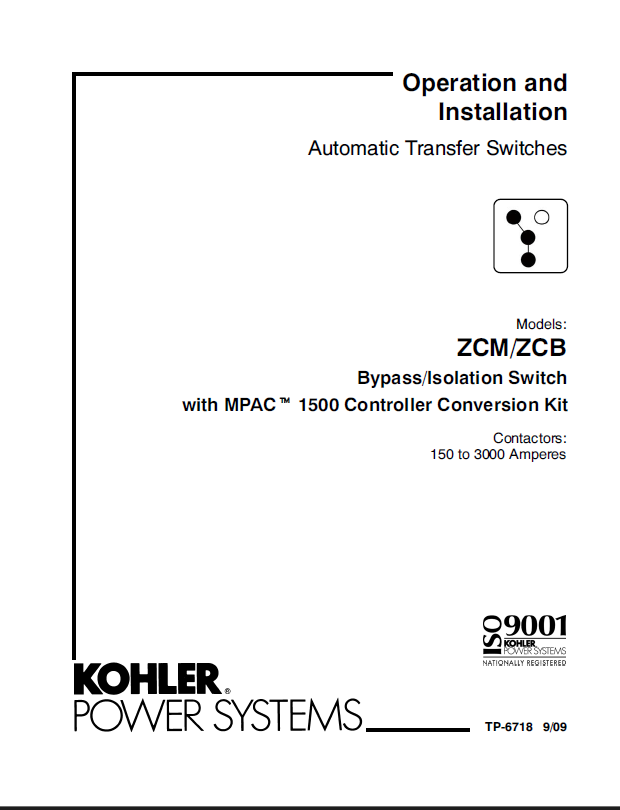 Kohler ZCM, ZCB Automatic Transfer Switch Operation and Installation Manual (tp6718)