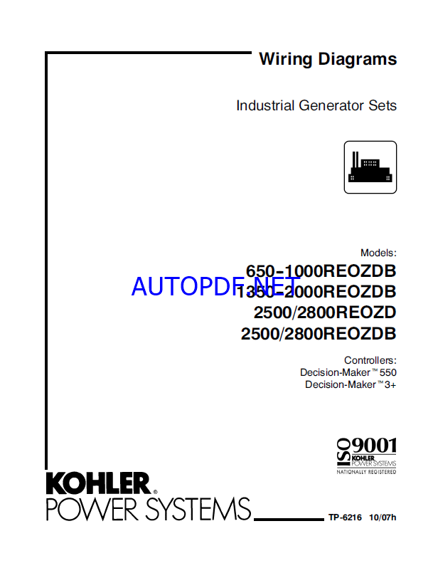Kohler 650REOZDB, 1000REOZDB, 1350REOZDB, 2000REOZDB, 2500REOZD, 2800REOZD, 2500REOZDB, 2800REOZDB Industrial Generator Sets Wiring Diagrams (tp6216)