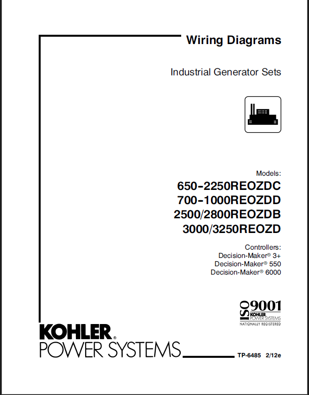 Kohler 650REOZDC, 2250REOZDC, 700REOZDD, 1000REOZDD, 2500REOZDB, 2800REOZDB, 3000REOZD, 3250REOZD Industrial Generator Sets Wiring Diagrams (tp6485)