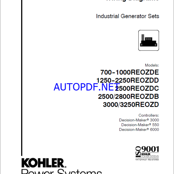 Kohler 700REOZDE, 1000REOZDE, 1250REOZDD, 2250REOZDD, 2500REOZDC, 2500REOZDB, 2800REOZDB, 3000REOZD, 3250REOZD Industrial Generator Set Wiring(tp6814)