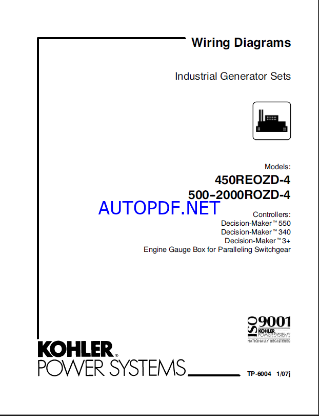 Kohler 450REOZD-4, 500-2000ROZD-4 Industrial Generator Sets Wiring Diagrams (tp6004)