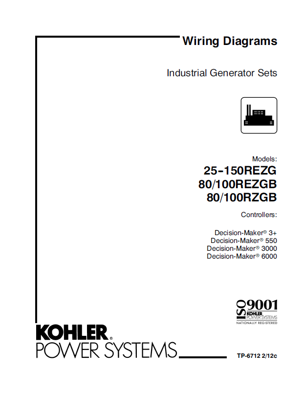 Kohler 25REZG, 150REZG, 80REZGB, 100REZGB, 80RZGB, 100RZGB Industrial Generator Sets Wiring Diagrams (tp6712)