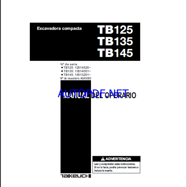 Takeuchi OPERATORS MANUAL TB125 135 145 AG4S000 (SPANISH)