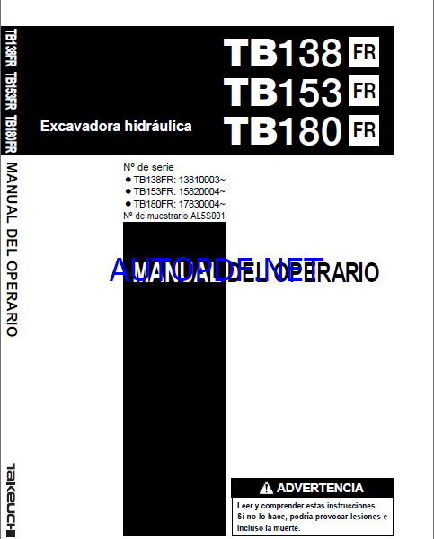 Takeuchi OPERATORS MANUAL TB138FR-153-180 AL5S001 (SPANISH)