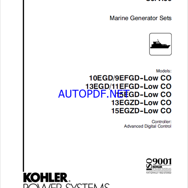 Kohler 10EGD, 9EFGD-Low CO, 13EGD, 11EFGD-Low CO, 15EGD-Low CO, 13EGZD-Low CO, 15EGZD-Low CO Marine Service Manual (tp6492)