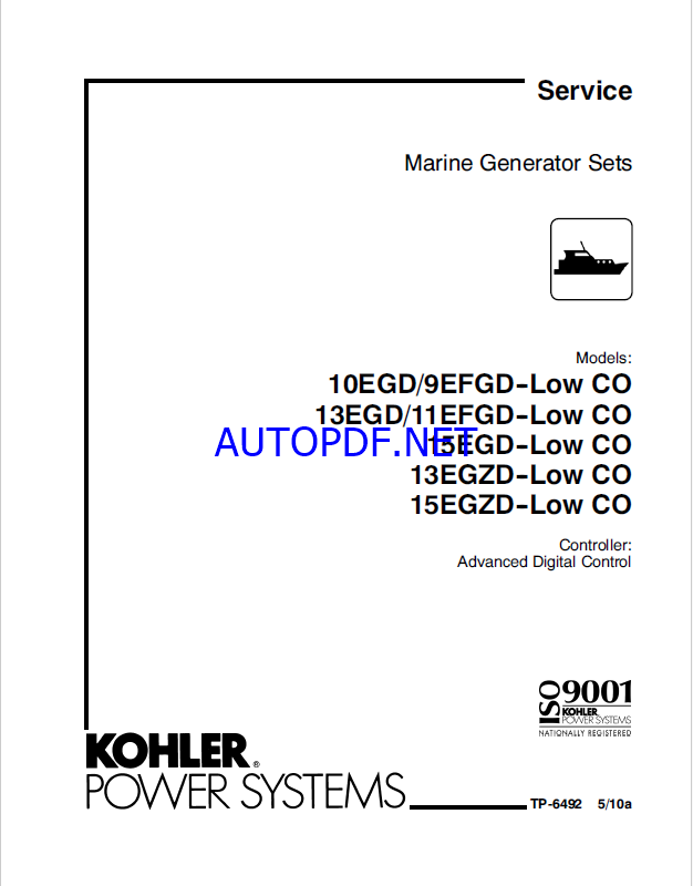 Kohler 10EGD, 9EFGD-Low CO, 13EGD, 11EFGD-Low CO, 15EGD-Low CO, 13EGZD-Low CO, 15EGZD-Low CO Marine Service Manual (tp6492)