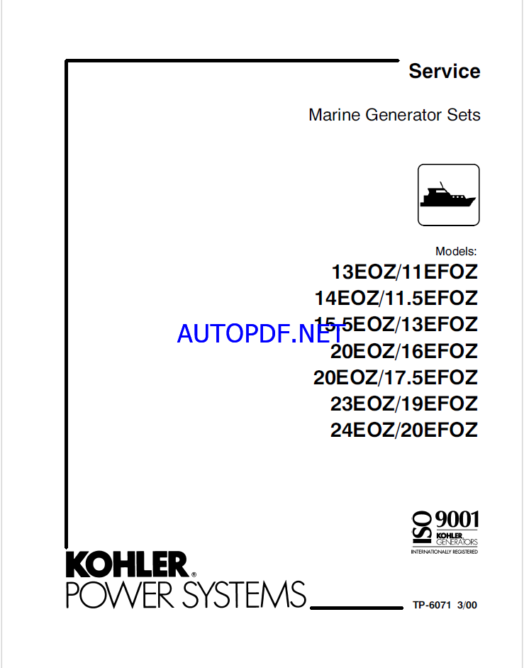 Kohler 13EOZ, 11EFOZ, 14EOZ, 11.5EFOZ, 15.5EOZ, 13EFOZ, 20EOZ, 16EFOZ, 20EOZ, 17.5EFOZ, 23EOZ, 19EFOZ, 24EOZ, 20EFOZ Marine Service Manual (tp6071)