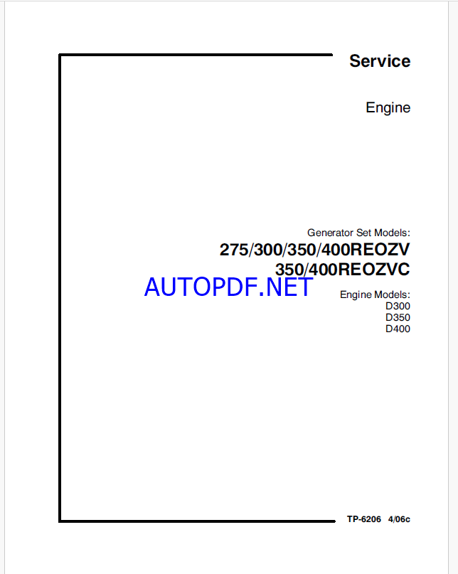 Kohler 275REOZV, 300REOZV, 350REOZV, 400REOZV, 350REOZVC, 400REOZVC Engine Service Manual (tp6206)