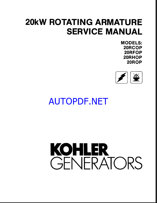 Kohler 20RCOP, 20RFOP, 20RHOP, 20ROP 20kW Rotating Armature Service Manual (tp5249)