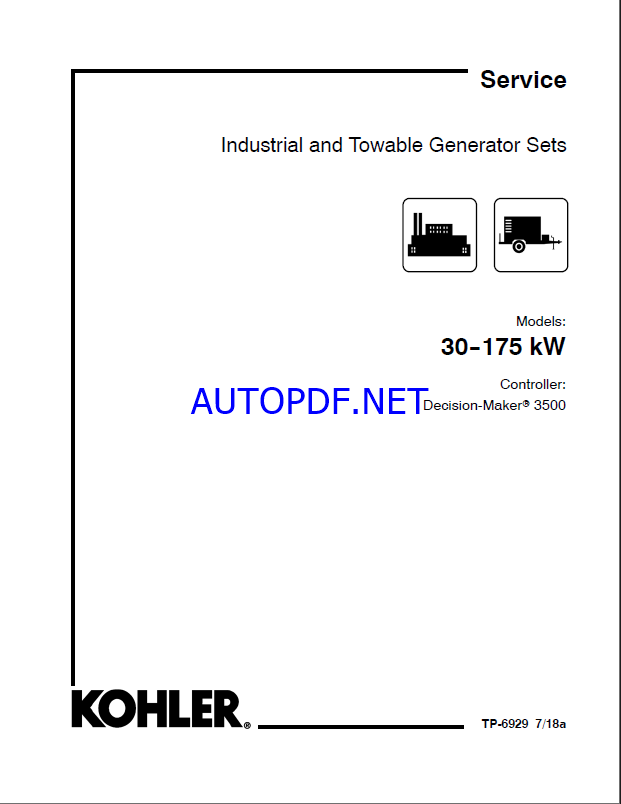 Kohler 30-175 kW Industrial and Towable Generator Sets Service Manual (tp6929)
