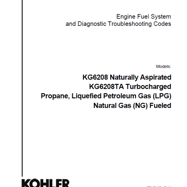 Kohler KG6208 Naturally Aspirated, KG6208TA Turbocharged Propane, Liquefied Petroleum Gas (LPG), Natural Gas (NG) Fueled Service Manual (tp7097)