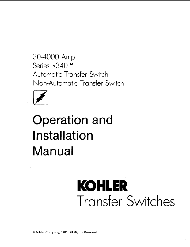 Kohler 30-400 Amp Series R340 Automatic Transfer Switch, Non Automatic Transfer Switch Operation and Installation Manual (tp5088)