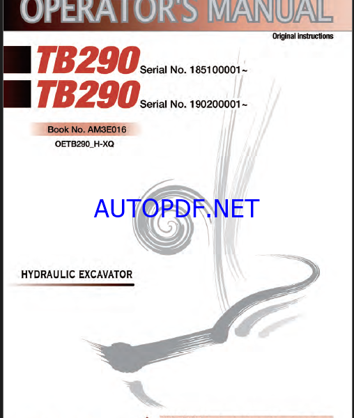 Takeuchi TB290 Hydraulic Excavator Operators Manual (AM3E016)