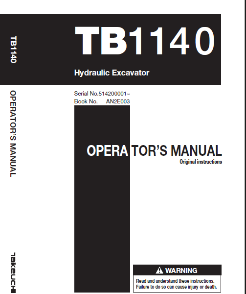 Takeuchi TB1140 Hydraulic Excavator Operators Manual (AN2E003)