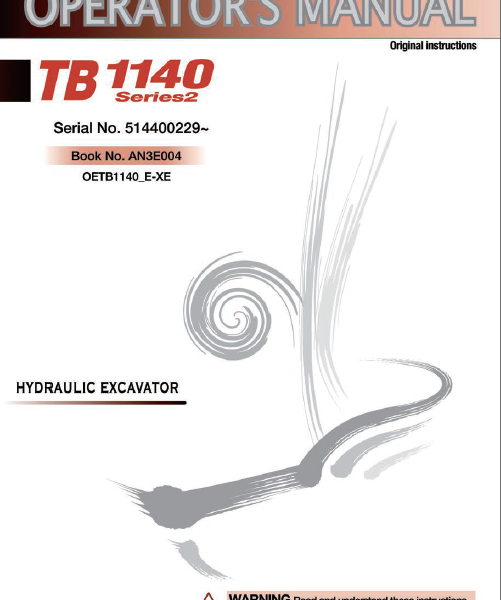 Takeuchi TB1140 Series2 Hydraulic Excavator Operators Manual (AN3E004)