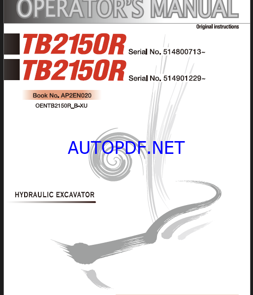 Takeuchi TB2150R, TB2150R Hydraulic Excavator Operators Manual (AP2EN020)