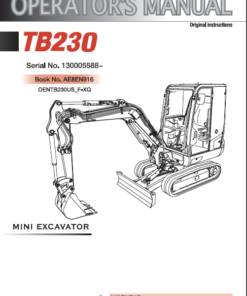 Takeuchi TB230 Mini Excavator Operators Manual (AE8EN916)