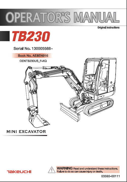 Takeuchi TB230 Mini Excavator Operators Manual (AE8EN916)