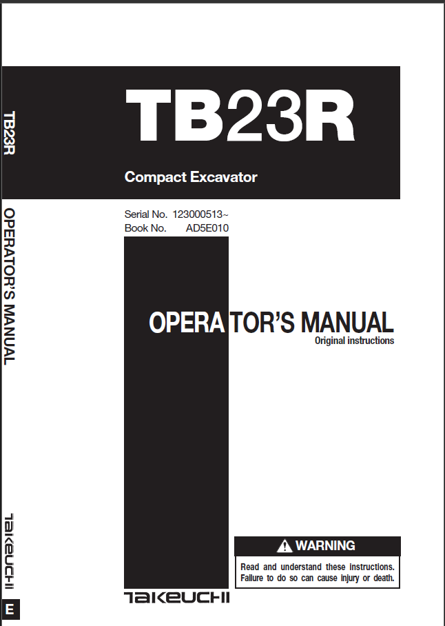 Takeuchi TB23R Compact Excavator Operators Manual (AD5E010)