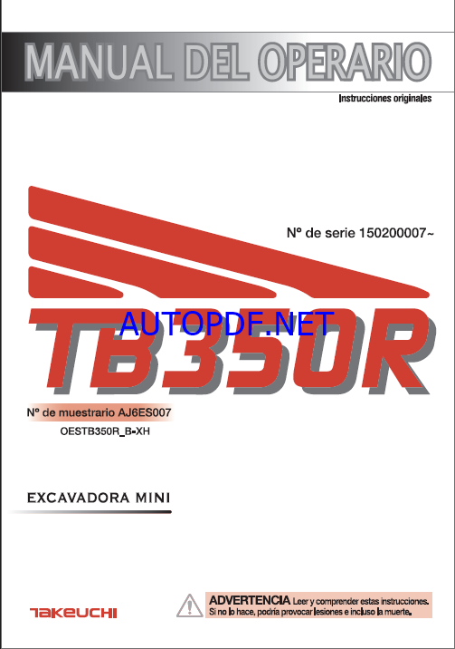 Takeuchi OPERATORS MANUAL TB350R AJ6ES007 SN 150200007-(SPANISH)