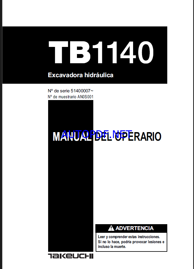 Takeuchi OPERATORS MANUAL TB1140 AN0F003 SN 51400007-(FRENCH)