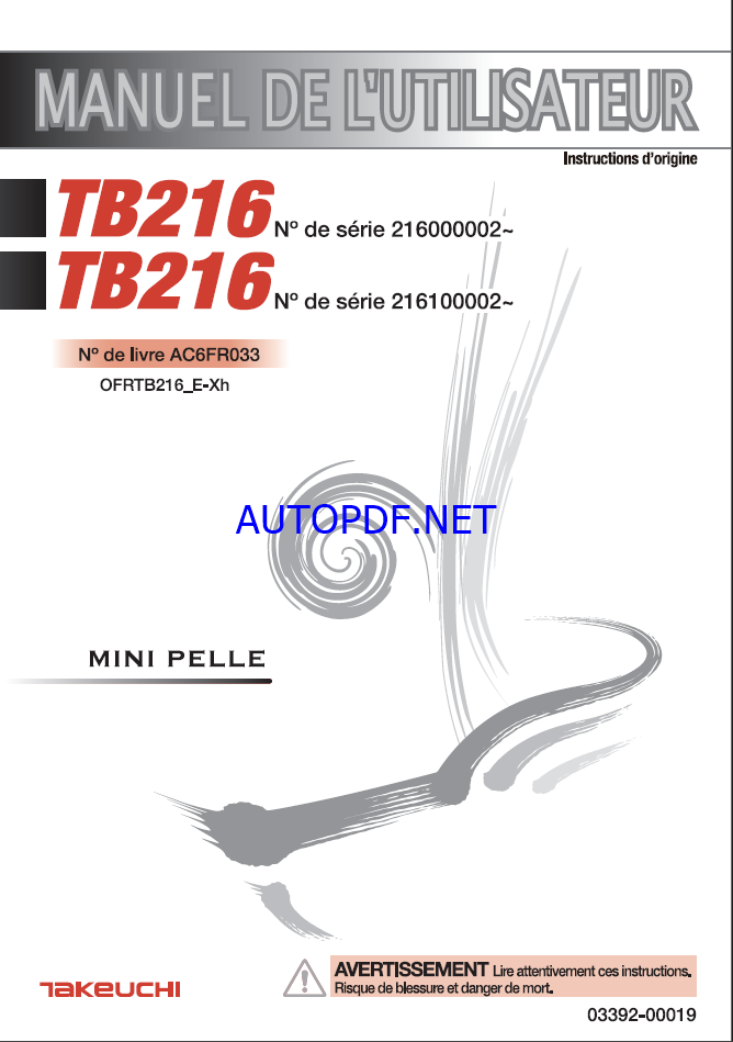 Takeuchi OPERATORS MANUAL TB216 AC6FR033 SN 216100002-(FRENCH)