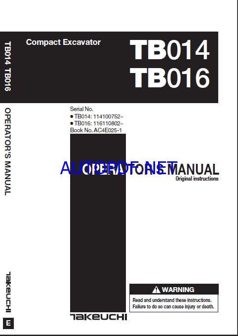 Takeuchi TB014, TB016 Compact Excavator Operators Manual (AC4E025-1)