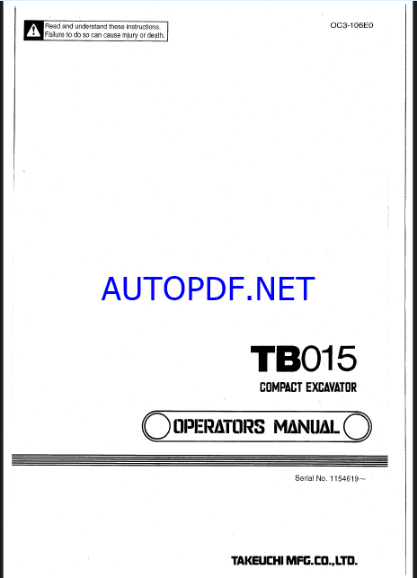 Takeuchi TB015 Compact Excavator Operators Manual (OC3-106E0)