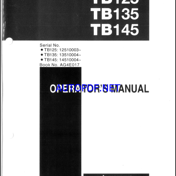 Takeuchi TB125, TB135, TB145 Compact Excavator Operators Manual (AG4E017)