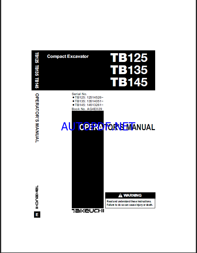 Takeuchi TB125, TB135, TB145 Crawler Excavator Operators Manual (AG4E029)
