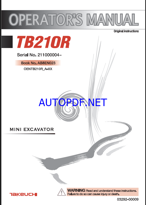 Takeuchi TB210R Mini Excavator Operators Manual (AB8EN023)