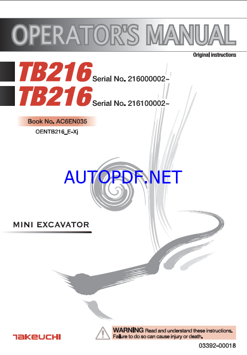 Takeuchi TB216 Mini Excavator Operators Manual (AC6EN035)