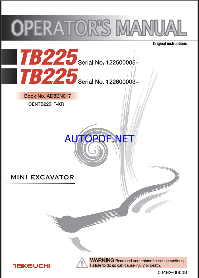 Takeuchi TB225 Mini Excavator Operators Manual (AD8EN017)