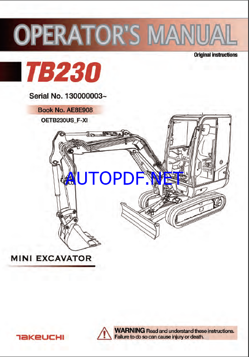 Takeuchi TB230 Mini Excavator Operators Manual (AE8E908)