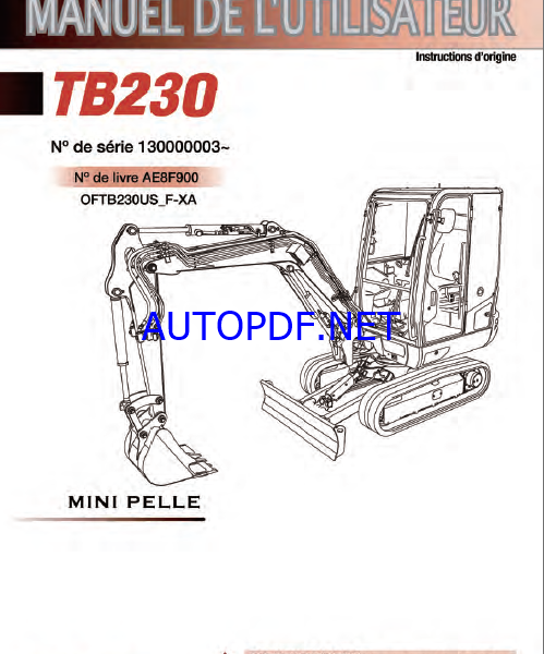 Takeuchi OPERATORS MANUAL TB230 AE8F900 SN 130000003-(FRENCH)