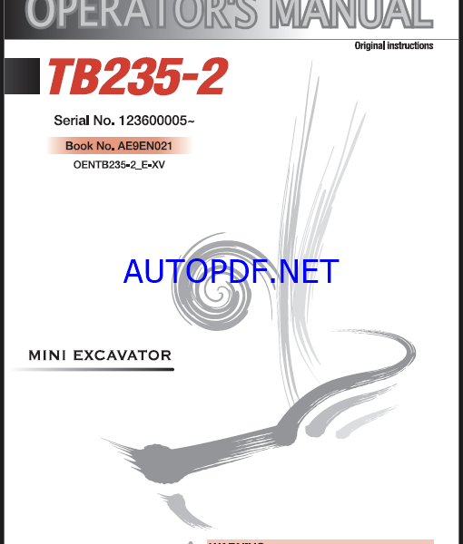 Takeuchi TB235-2 Mini Excavator Operators Manual (AE9EN021)