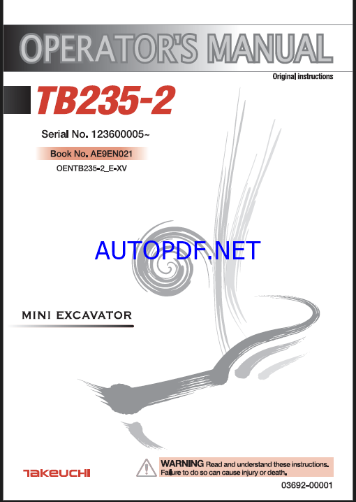 Takeuchi TB235-2 Mini Excavator Operators Manual (AE9EN021)