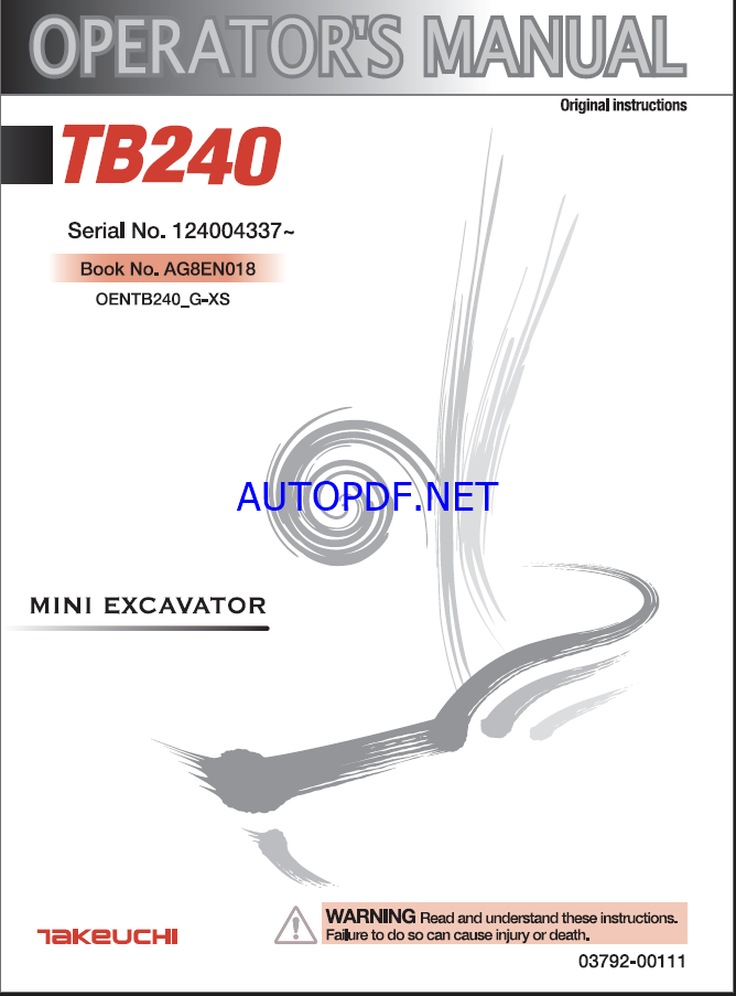 Takeuchi TB240 Mini Excavator Operators Manual (AG8EN018)