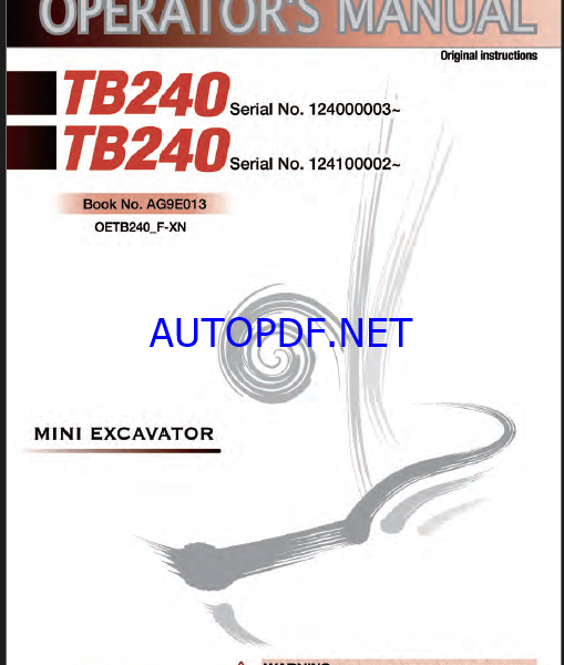 Takeuchi TB240 Mini Excavator Operators Manual (AG9E013)