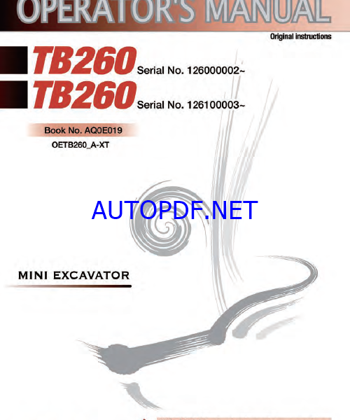 Takeuchi TB260 Mini Excavator Operators Manual (AQ0E019)