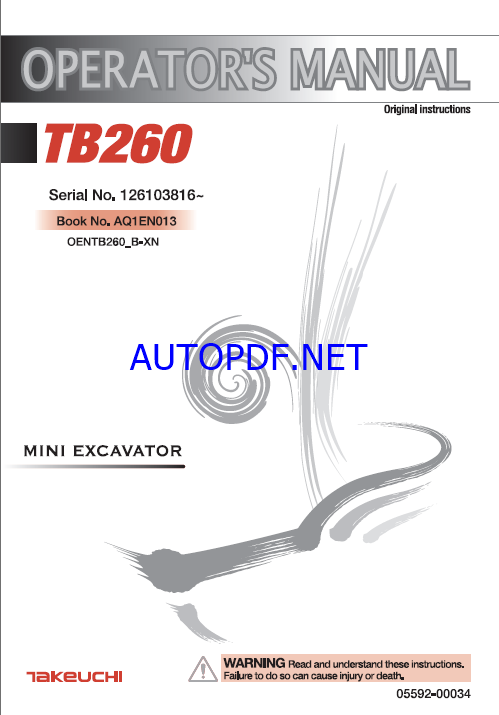 Takeuchi TB260 Mini Excavator Operators Manual (AQ1EN013)