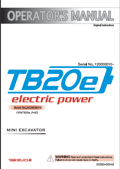 Takeuchi TB20e Electric Power Mini Excavator Operators Manual (AC9EN016)