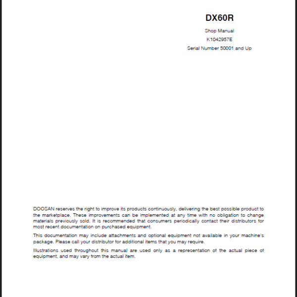 Develon DX60R Mini Excavator Shop Manual (K1042957E)