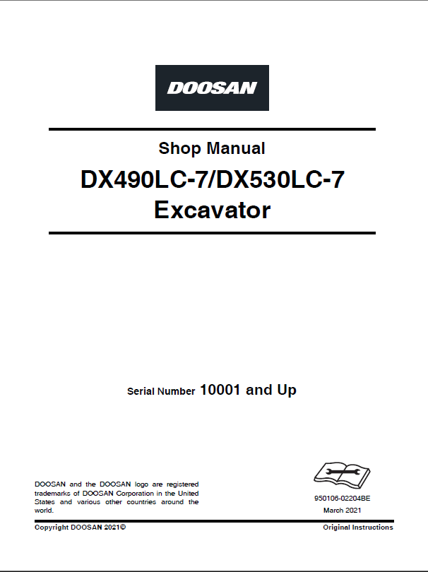 Develon DX490LC-7 Crawler Excavator Shop Manual (950106-02204BE)