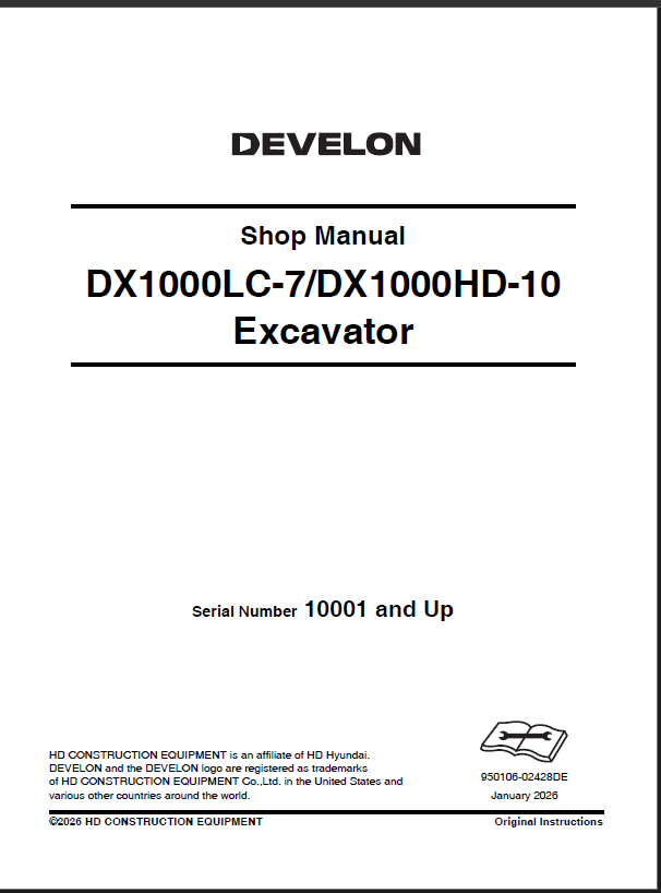 Develon DX1000LC-7 Crawler Excavator Shop Manual (950106-02428DE)