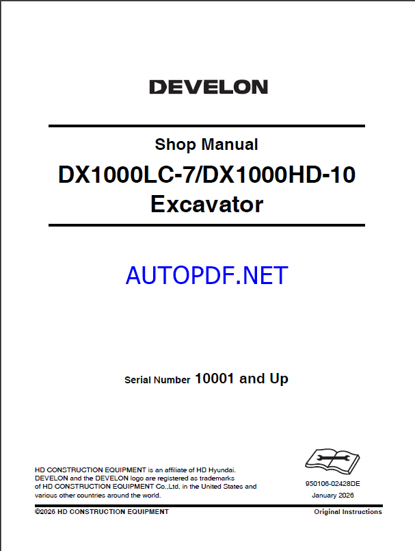 Develon DX1000HD-10 Hydraulic Excavator Shop Manual (950106-02428DE)