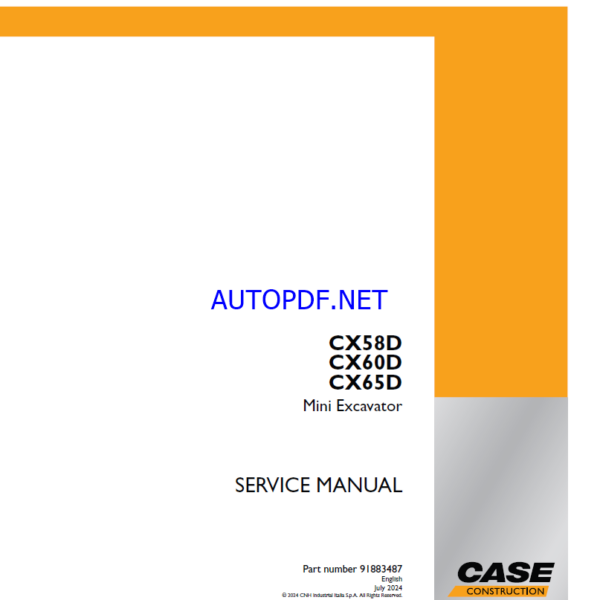 Case CX58D, CX60D, CX65D Mini Excavator Service Manual (91883487) (July 2024)